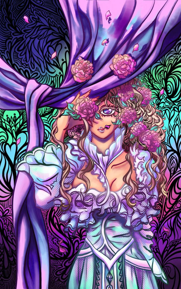 A book cover design with many intricate shapes and vibrant colours