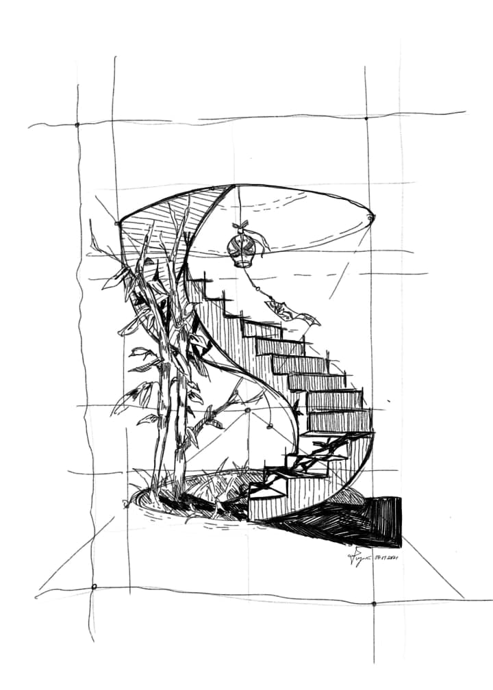 An aesthetic stairway sketch accompanied by bamboo and a wind chime