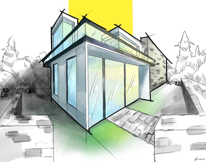 An architectural illustration of a house with big windows