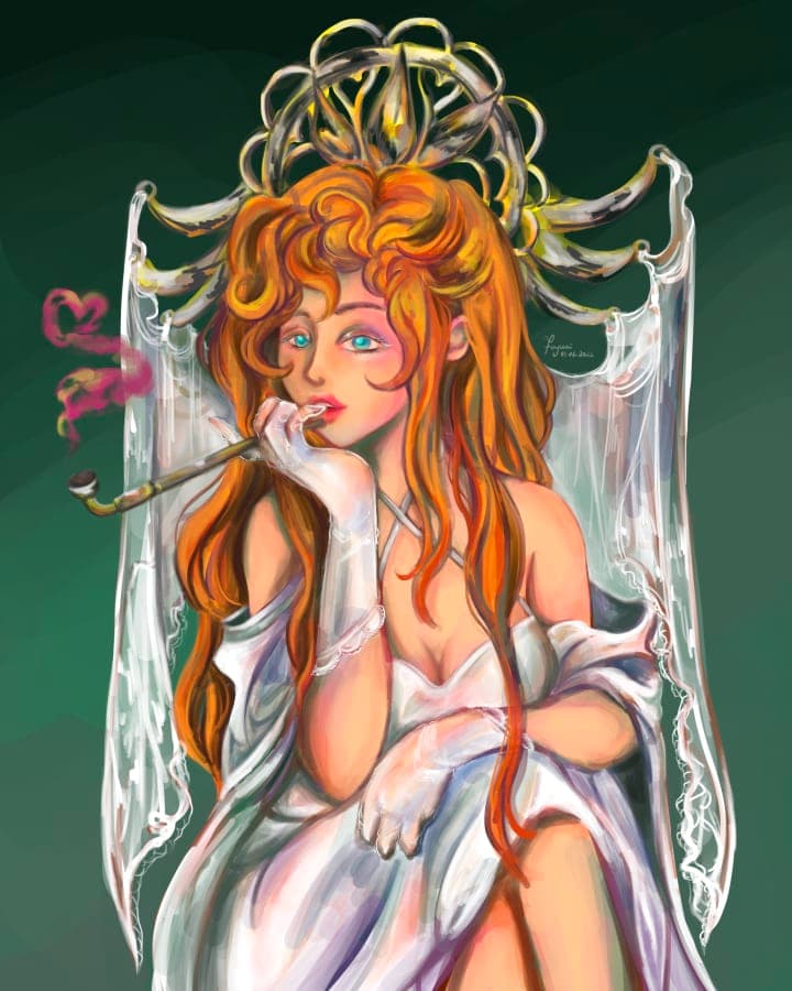 An illustration of a beautiful courtesan in a white garment