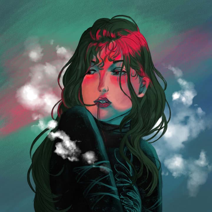 A digital drawing of a woman surrounded by little clouds