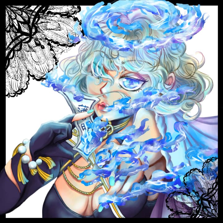 A digital illustration of blue flames being wielded by a female magician