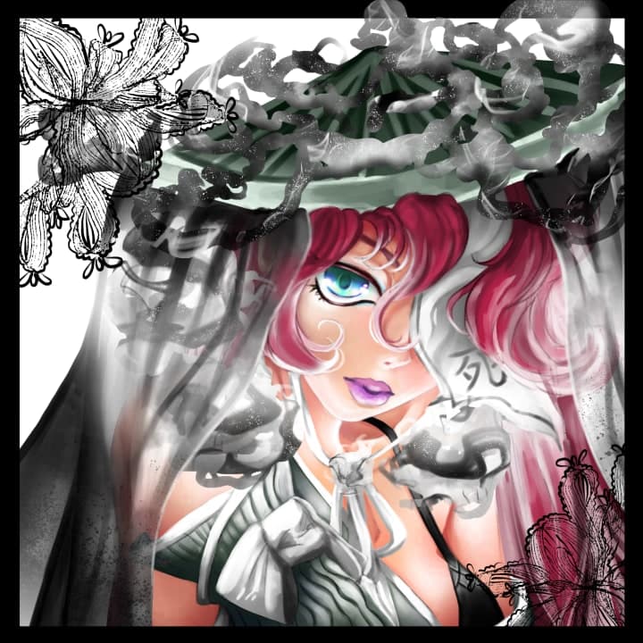 A digital illustration of a beautiful woman surrounded by white and black flames