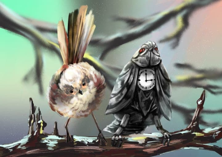 A digital illustration of a mechanical bird and a bird on the same branch