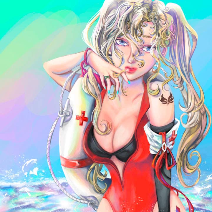 A digital fanart of Mercy (Overwatchj) as a lifeguard