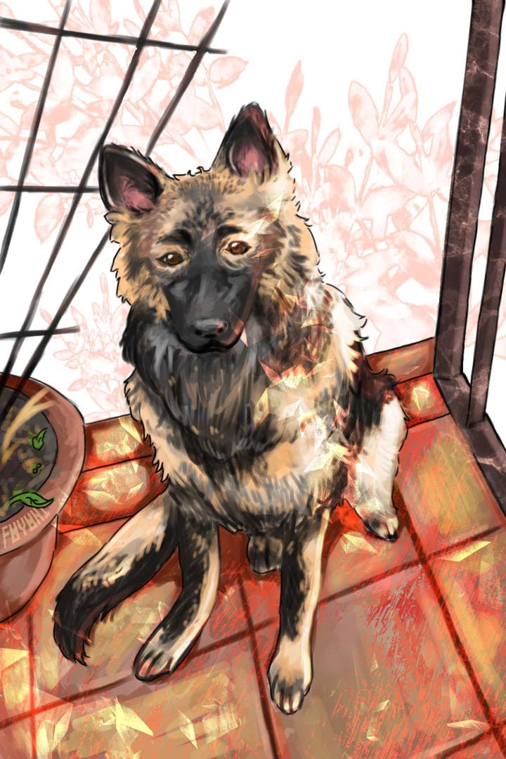 A colourful drawing of a cute German Shepherd dog