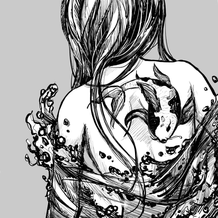 An illustration of a koi fish tattoo on a woman's back