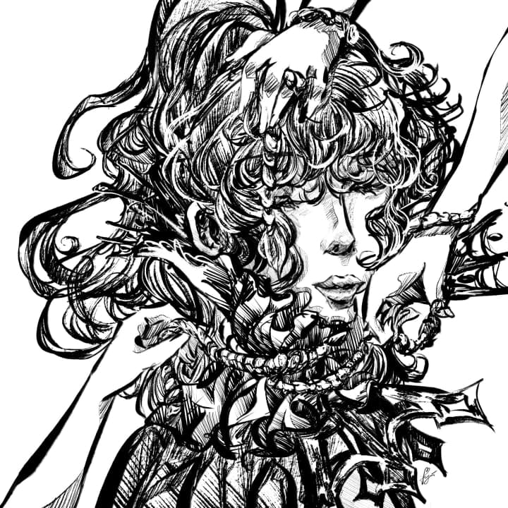 A black and white illustration of a woman having a rope tied around her neck
