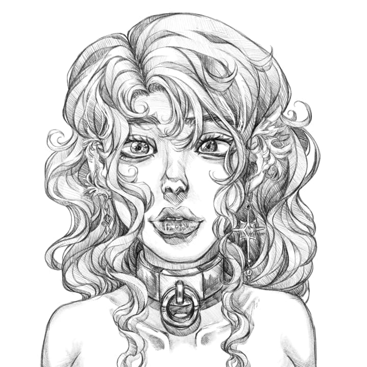 A black and white illustration of a woman in a collar