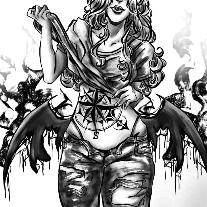 Digital drawing of  a woman with a compass on her abdomen