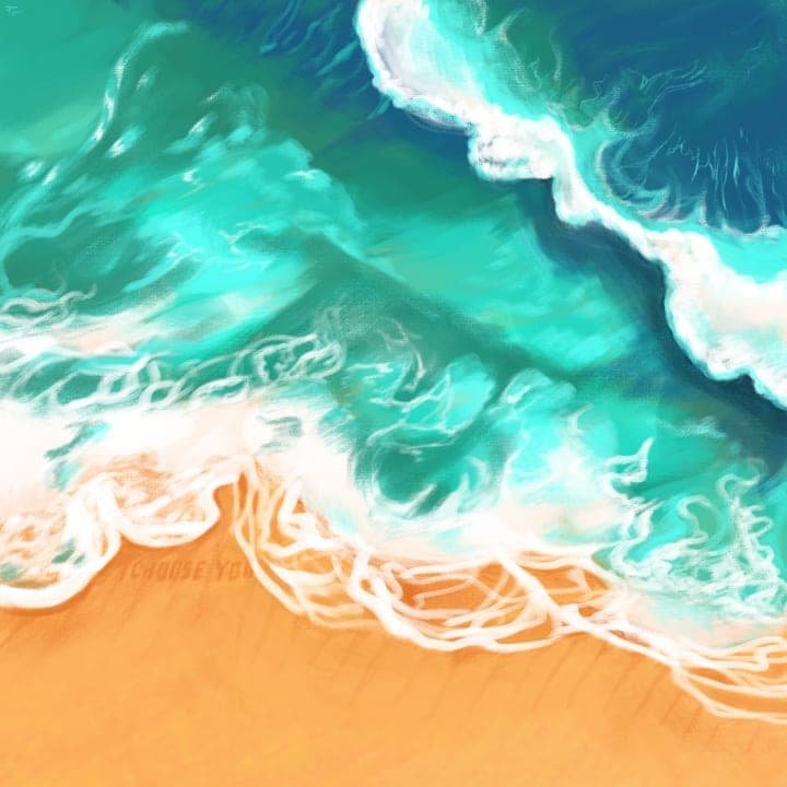 A digital illustration of ocean waves passing by in a colourful manner