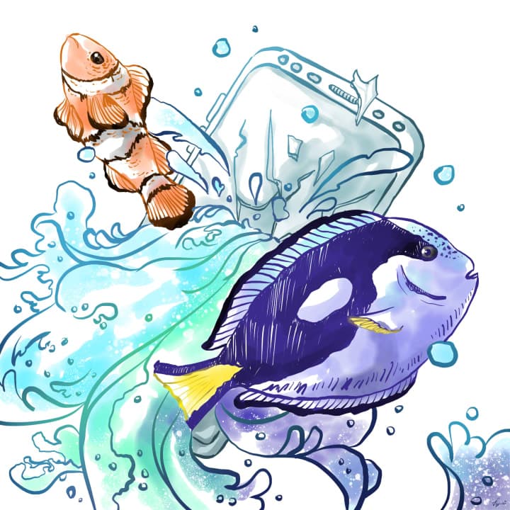 A digital illustration of two fish trying to escape through a smartphone
