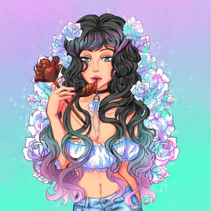 A digital illustration of an anime girl surrounded by roses