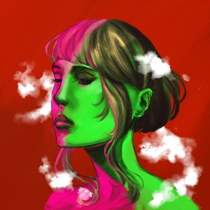 A digital light study on green and red light with a woman being in focus