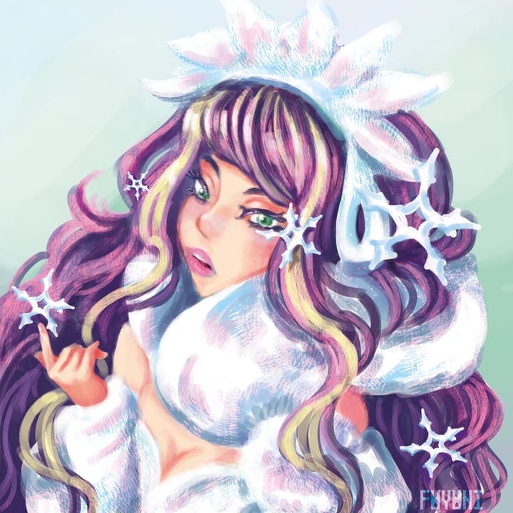 A digital illustration of  an anime winter queen with pruple hair