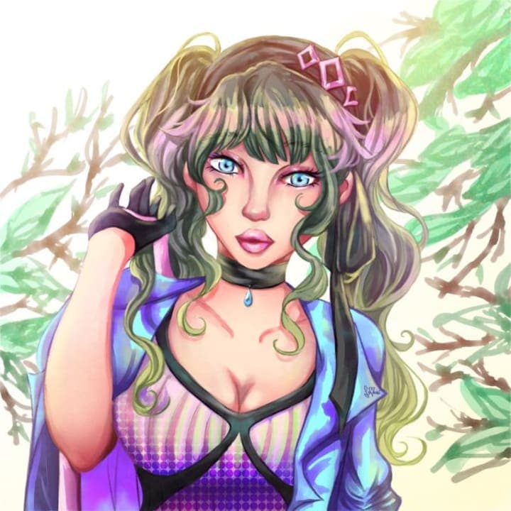 A digital drawing of an anime girl with clear blue eyes