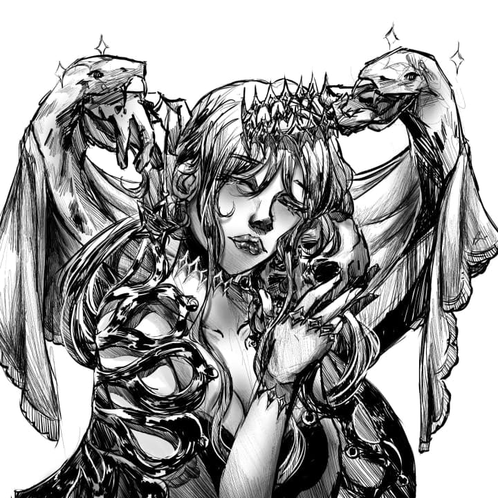 A digital illustration of snakes making a woman their queen with a crown