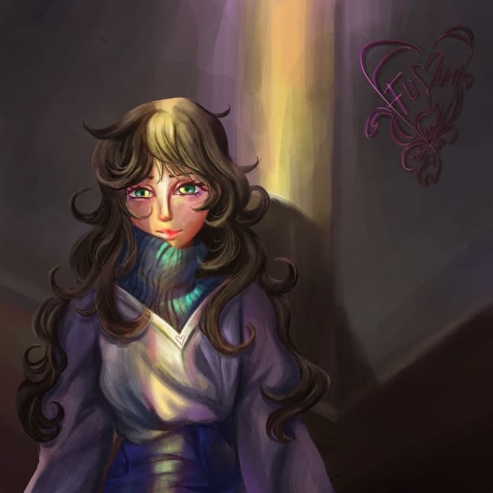 A digital illustration of a girl sitting in a dark room with light falling onto her through the door